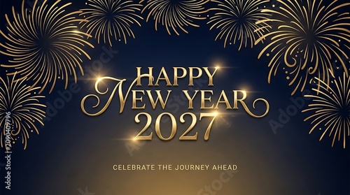 Happy new year 2027 gold text greeting card with radiant fireworks and glowing light effects on dark background