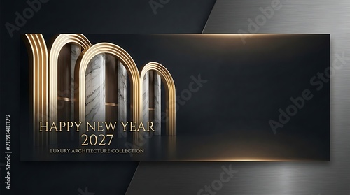 Happy new year 2027 luxury architecture collection banner with golden arches and marble textures