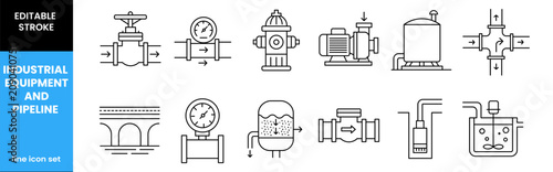 Industrial Equipment and Pipeline Editable Stroke Line Icons Set