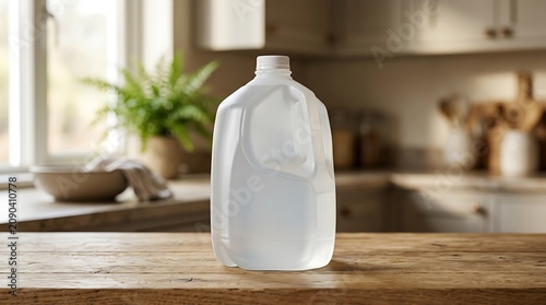 A large translucent 1 gallon jug of clean drinking water sits on a rustic wooden tabletop in a bright, modern kitchen filled with warm natural sunlight.