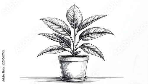 Detailed Potted Houseplant Illustration Standing on Minimal White Background