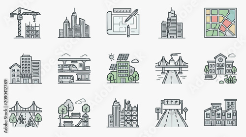 Foto Professional Set of Urban Development and Modern City Infrastructure Icons in Mi
