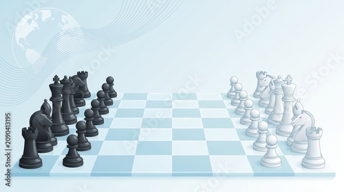 A 3D-rendered chessboard in cool blue-gray metallic tones, with black and white pieces set up in starting position on opposite ends. A faint globe/grid graphic.