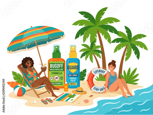 Cuadro en lienzo People relaxing on a tropical beach with insect repellent spray bottles for summer protection