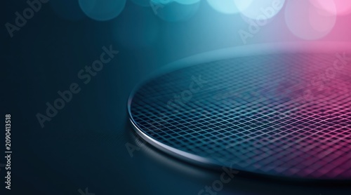 Silicon wafer with grid pattern under blue and pink light