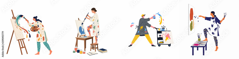 Fototapeta premium Set of creative artists painting abstract artworks with vibrant colors, splashes, and brushes in an art studio flat vector illustration.