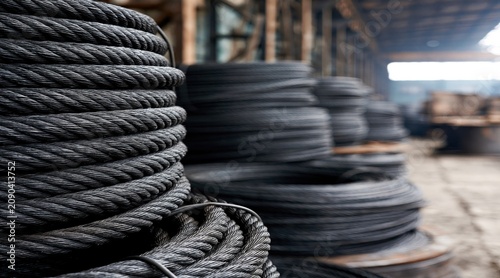 Close up of coiled metal wire rope in industrial warehouse