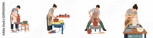 A diverse set of flat vector illustrations showing male and female potters crafting clay vessels on pottery wheels in a studio environment.