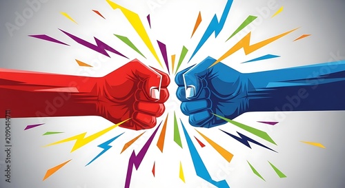 Colorful Red and Blue Fists Colliding with Lightning Burst on White Background