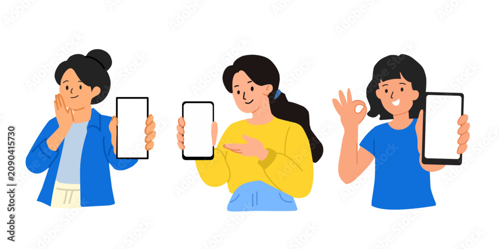 Fototapeta premium Illustration set featuring a cheerful young woman character smiling while displaying a blank smartphone screen