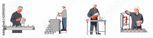 Flat Vector Illustration Set of Factory Workers Involved in Food Canning and Processing Stages on a White Background