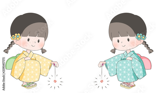 線香花火をする女の子のイラスト