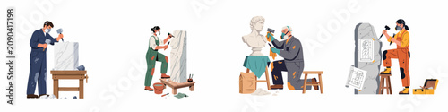 Tableau sur toile Set of diverse sculptors and stone carvers working on marble and rock statues in their studio using hammers, chisels, and blueprints