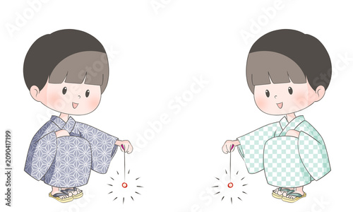 線香花火をする男の子のイラスト