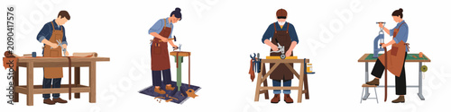 Konstfotografi Diverse group of leatherworkers and artisans crafting handmade leather goods at their workbenches, flat vector illustration set isolated on white background