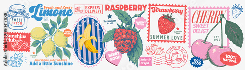 Vintage fruit postage stamp collection featuring lemon, banana, raspberry, strawberry and cherry with retro postal marks, labels and badges. Summer vector set for branding, stickers, packaging.