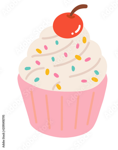 Fotografía Cherry cupcake vector illustration with colorful sprinkles topping, Sweet vanill