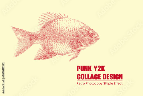 Stipple effect fish illustration, vintage dot work drawing, retro punk y2k graphic design element, red ink sketch on cream background