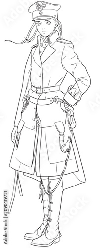 Line Drawing of Female Military Officer in Uniform with Hat and Accessories