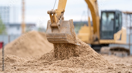 Excavator bucket dumping sand onto pile at construction site