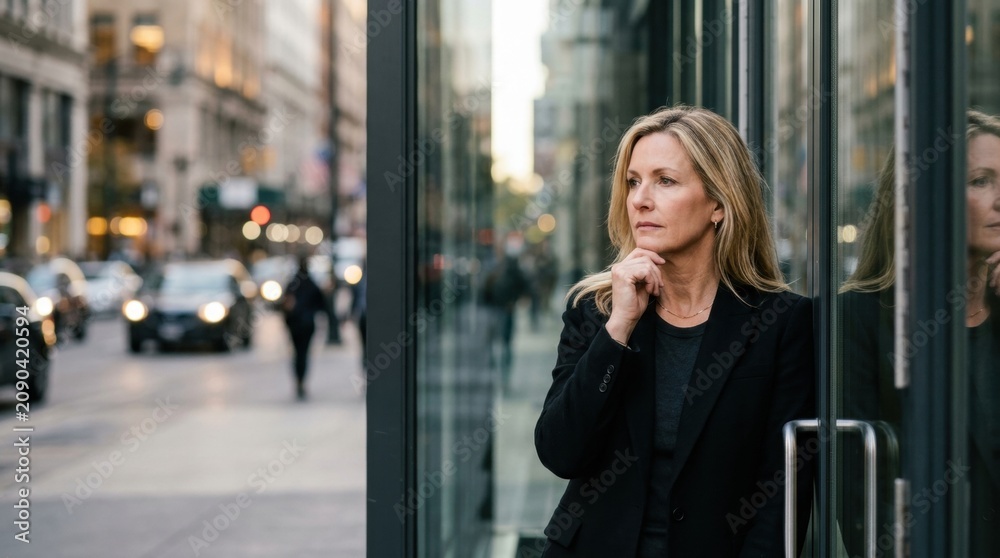 Fototapeta premium Blonde mature businesswoman looking pensive against blurred background, motion blur effect. with hair thoughtful