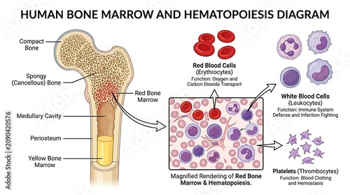 Foto Scientific chart of bone marrow hematopoiesis and blood cells with hematopoiesis