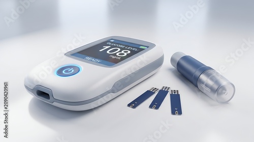 Glucose meter with test strips and lancet on white surface