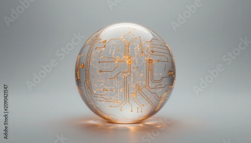 Glowing orange electronic circuit board pattern inside transparent glass sphere with technology electronic transparent processor computer hardware engineering abstract innovation structure