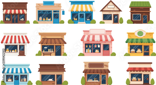 Collection of charming storefront illustrations with diverse shop designs, awnings, and decorative elements for small business themes