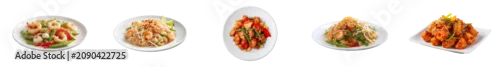 Panel kuchenny z motywem Seafood stir fry, pad Thai shrimp and sesame shrimp dishes on transparent background