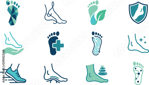 Foto Foot Care and Podiatry Logo Icon Set Featuring Medical Cross, Running Shoe, Shie