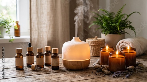A serene home spa setup with an active essential oil diffuser, brown glass apothecary bottles, glowing candles, and fresh lavender on a wood table.