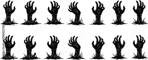 Multiple Black Silhouettes of Zombie Hands Emerging from the Ground Keywords: zombie, hands, arms, emerging, rising, graveyard