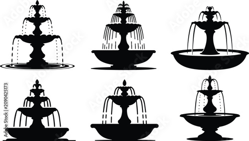 Set of Minimalist black water fountain garden park architecture silhouette vector icon, vector and illustration