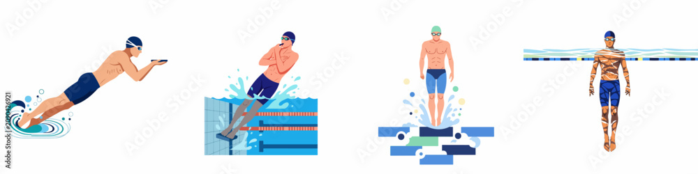 Fototapeta premium Set of four flat illustrations depicting male swimmers in various poses including diving splashing and standing in a swimming pool