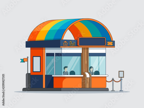 Colorful Ticket Booth Illustration with Rainbow Canopy and Service Windows for Travel and Events