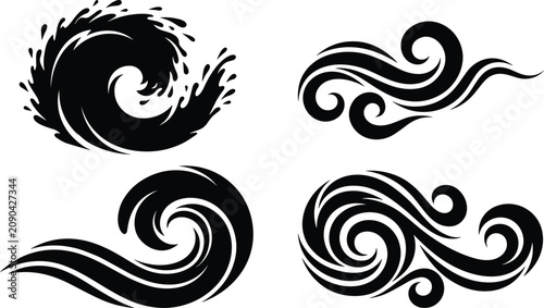 Canvas Print Ocean wave silhouette icons set with abstract sea splash crests surfing curls an