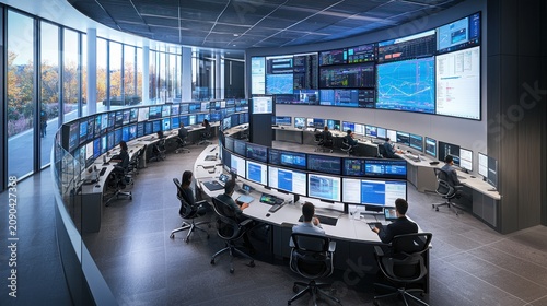 Modern control room with operators monitoring data on numerous screens.
