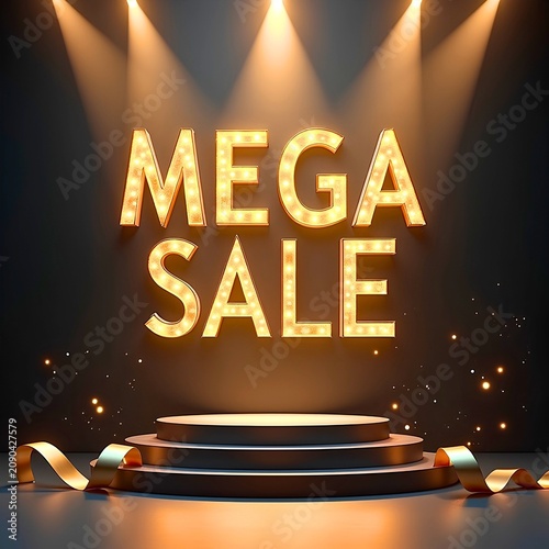 Artwork showing large glowing golden MEGA SALE text above circular podium with spotlights golden ribbons and sparkling particles festive glamorous composition