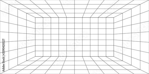 Futuristic perspective grid box. Abstract wireframe with white grid line on white background. Virtual reality landscape in 80s 90s digital style. Vector