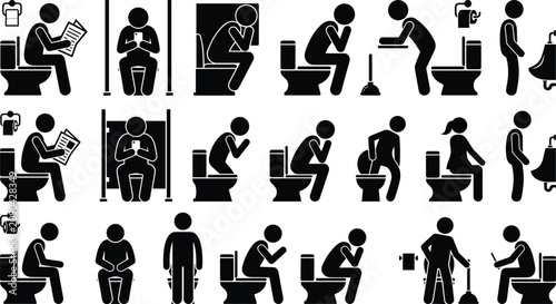 Foto Public toilet and washroom pictogram vector set with people using urinals suffer
