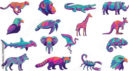 Canvas Print Vibrant Low Poly Wildlife Animal Collection Featuring Cheetah Gorilla Crocodile