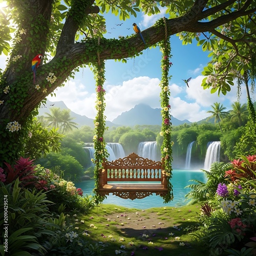Ornate Floral Swing Hanging From Tropical Tree Beside Turquoise Waterfall Lagoon