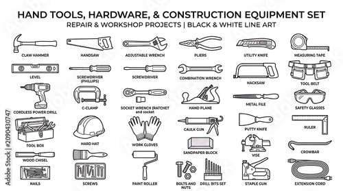 Black and White Hand Tool Hardware and Construction Equipment Set on White Background