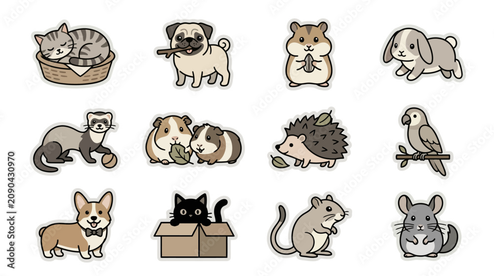 Fototapeta premium Diverse collection of small animal and pet stickers.