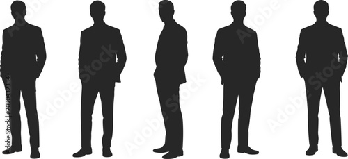 Five Silhouette Figures Of Men In Suits Standing On White Background Keywords: man silhouette, suit silhouette, business man