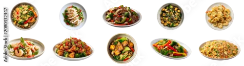Panel kuchenny z motywem Healthy Asian meal prep bowls and Thai shrimp dishes collection on transparent background