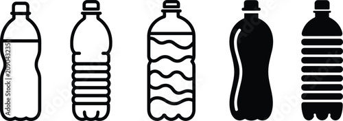Five Plastic Water Bottle Icons In Outline And Solid Black Styles Keywords: water, bottle, plastic, icon, symbol, container