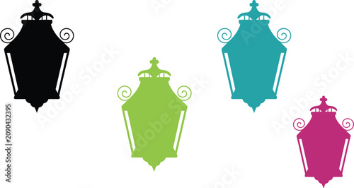 Four Decorative Lantern Silhouettes In Black Green Teal And Pink On White Keywords: lantern silhouette, decorative lantern, black