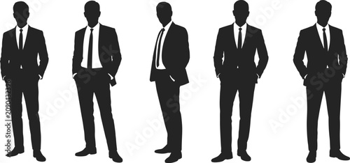 Five Silhouette Figures Of Men In Suits With Ties Standing On White Background Keywords: man silhouette, suit silhouette, business